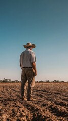 Farmer Surveying Dry Brown Field Under Clear Blue Sky