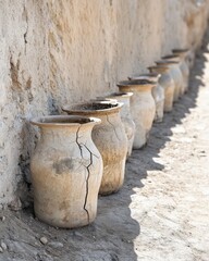 Obraz premium Row of Aged Clay Pots Against a Weathered Wall