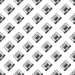 Laptop screen with gift box solid seamless pattern, merry christmas theme. Vector graphics. Notebook computer and present package sign with background, repeat glyph icon.
