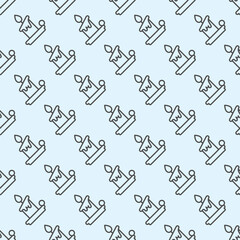 Wax candle on plate line seamless pattern, happy christmas theme. Vector graphics. Candlestick with flame sign with background, repeat line icon.