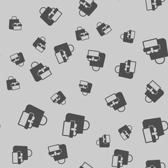 Shopping bag and gift box solid seamless pattern, happy christmas theme. Vector graphics. Paper packet with present package sign background, filled with glyphs icon.