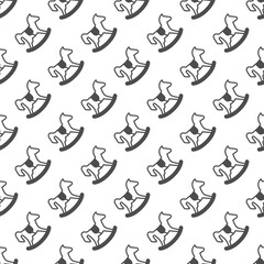 Wooden horse toy solid seamless pattern, happy christmas theme. Vector graphics. Toy gift for children sign with background, repeat glyph icon.
