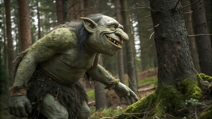 A grotesque troll lurks in a dense, mossy forest