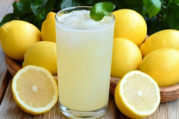 Refreshing glass of homemade lemonade with ice and fresh lemons. Perfect for summer, thirst quenching, healthy and delicious.