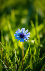 Single Blue Cornflower on Grass