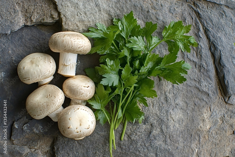 Poster arranging button mushrooms alongside fresh parsley sprigs on a textured gray slate surface, creating