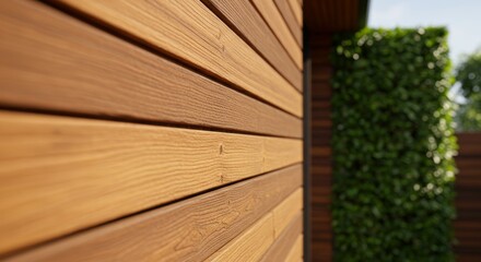 Close-up of Natural Wood Wall Siding with Modern Green Wall Integration