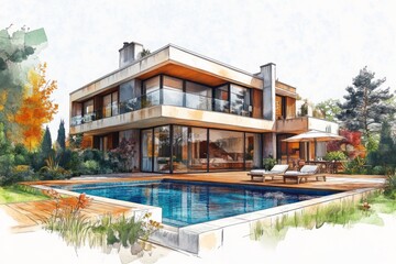 Fototapeta premium Watercolor illustration depicts a modern house with a pool