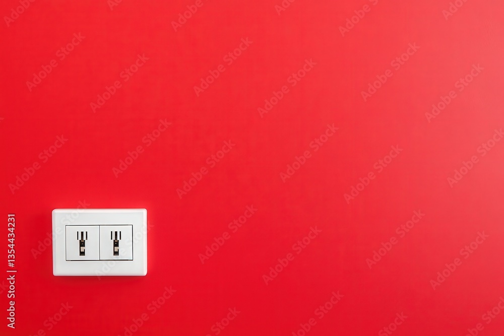Poster a simple white power outlet on a vibrant red wall, creating a striking contrast between color and ut