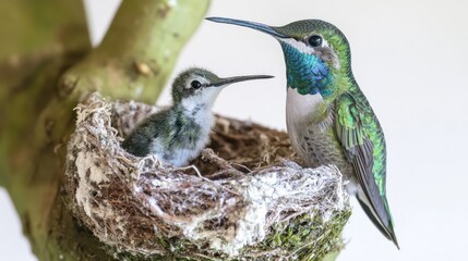 Fototapeta premium Hummingbird parents with nestling in nest