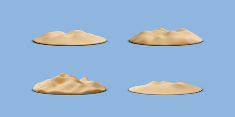 Set of piles of sand in 3d realistic style isolated on blue background. Vector illustration © bs_k1d