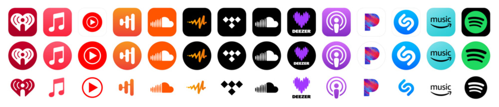 Set of music app icons. Social networking, media. Spotify, Youtube, Deezer, Soundcloud, Tidal, iHeart radio, Shazam, Amazon, Apple. Music streaming service, social media platform