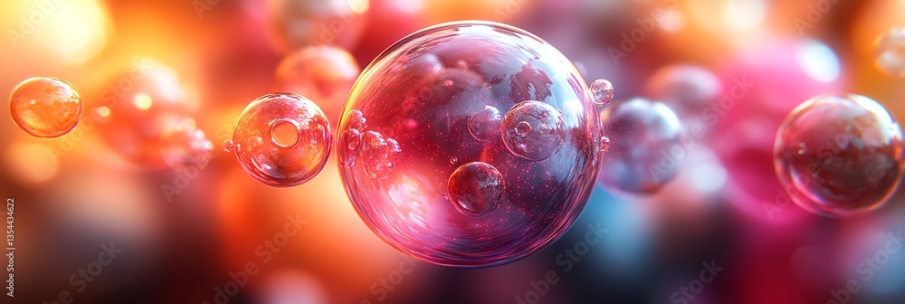 Poster floating spheres with bubbles and orange background abstract science render