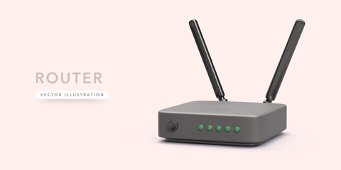 Black 3d realistic wifi router with shadow isolated on light background. Vector illustration