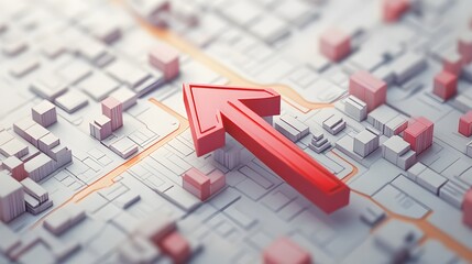 Fototapeta premium Guiding movement on a modern city map with a prominent arrow indicating direction and exploration possibilities through its neighborhoods