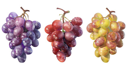 Obraz premium Colorful Grape Varieties: A vibrant display of three different grape varieties, showcasing a spectrum of colors from deep purple to red and golden yellow, each bunch glistening with freshness