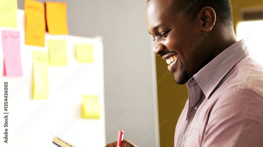 Poster a man expresses joy while writing in a notebook in a bright workspace