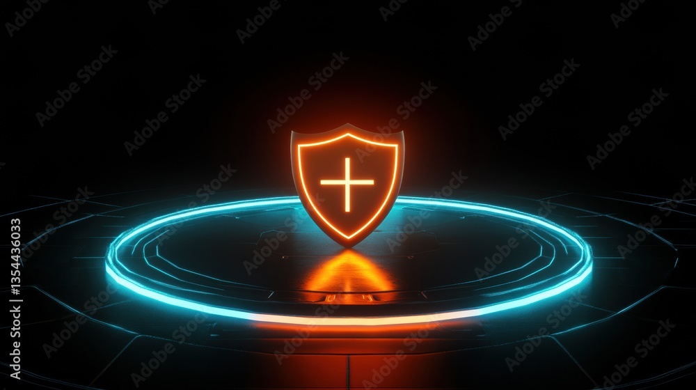 Poster futuristic security concept with glowing shield symbol and neon lights on dark background showcasing