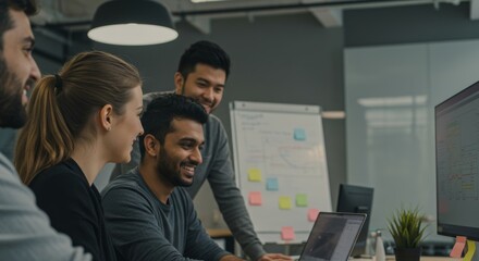 Multicultural team collaborates, sharing insights in a vibrant office setting