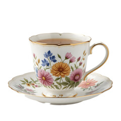 "Elegant Floral Porcelain Tea Cup & Saucer – Vintage Gold-Rimmed Teacup Set" transparent background png generated ai