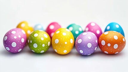 Colorful Easter Eggs with White Dots Arranged in Circular Pattern on Pastel Background. Festive Spring Decoration Concept for Holiday Card Design, Social Media Posts, or Children's Activity Crafts.