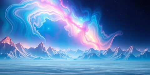 Dreamlike, swirling nebulae and pastel mountains form a surreal, empty backdrop, horizon, shadow