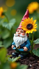 Small garden gnome sitting next to tall sunflower stem, nature, plants