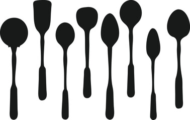 A clean and modern graphic design showcasing silhouettes of various kitchen utensils, including spoons, a fork, and a spatula.