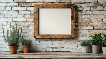 Mock up of a white poster in wooden frame on white tile kitchen wall, rustic kitchen decor with wooden shelves, herbs in pots and kitchen utensils. Natural light and copy space concept
