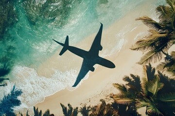Airplane shadow gliding over a stunning tropical beach, featuring soft white sand, vibrant turquoise water, and swaying palm trees, capturing the essence of travel and relaxation