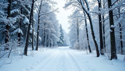 Obraz premium Snowy forest landscape with bare trees frozen in ice , icy landscape, winter wonderland, frosty mountains