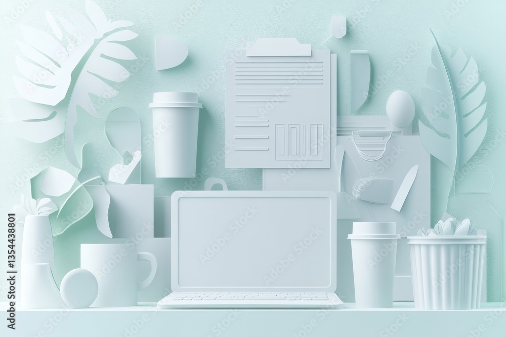 Poster professional paper art background featuring office elements in a clean and layered 3d design with a 
