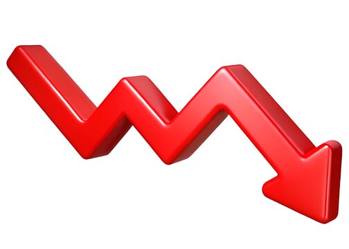 3D Red arrow downward trend isolated on white background