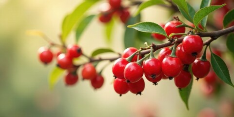 Obraz premium Vibrant Red Berries Cluster on Lush Green Branch, Showing Natural Beauty and Abundant Harvest