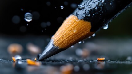 Close-up of a pencil with water droplets. \