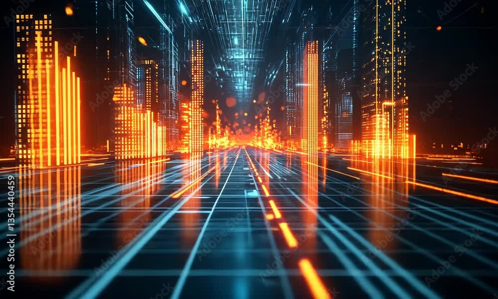 Poster futuristic digital city with glowing grid lines representing a data highway