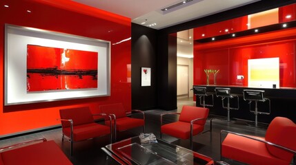 Red modern office waiting area with art