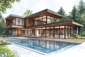 Fototapeta premium Watercolor illustration depicts modern house exterior with swimming pool
