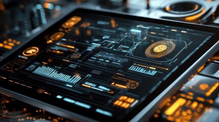 Futuristic tablet interface, data analysis, tech lab