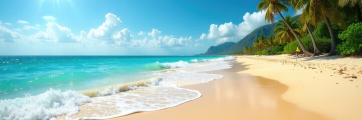 Turquoise waves gently lap at a beach with golden sand and palm trees, serene, sunset