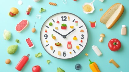 Creative clock design showcases food icons for fast grocery delivery in a modern style