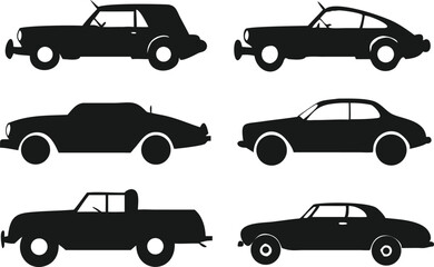 A collection of black silhouettes of classic cars, including sedans and a pickup truck.