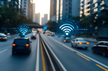 Fototapeta premium Smart traffic control system concept with wireless signals enhancing urban mobility and connectivity. image showcases vehicles on busy road, emphasizing technology role in modern transportation