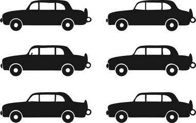 A collection of black silhouettes of classic cars, including sedans and a pickup truck.
