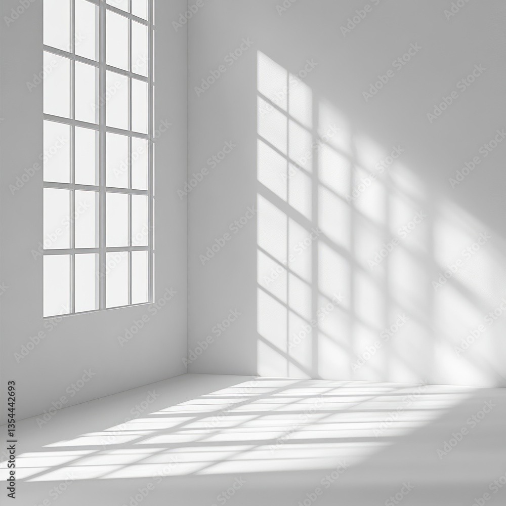 Poster light streams through a window illuminating an empty white room