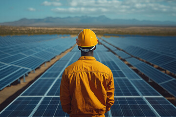 Engineer inspecting solar panels in a large photovoltaic power plant outdoors