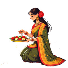 indian hindu woman in saree with floral puja thali