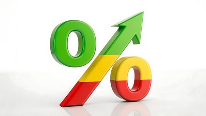 Percentage sign with arrow up icon isolated on white background. 3d render of rate increase symbol.