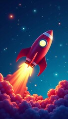 Fototapeta premium Vibrant cartoon rocket ship flying against a starry space background, stars, colorful
