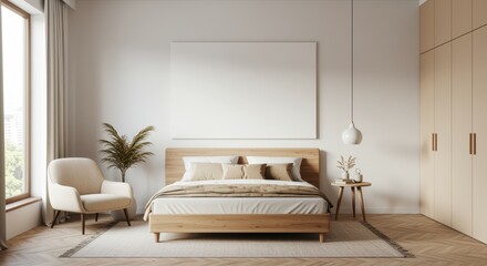 A serene bedroom features a stylish wooden bed with cozy pillows, a plush chair, and a small table with decor. Warm sunlight floods the room, enhancing the tranquil atmosphere.